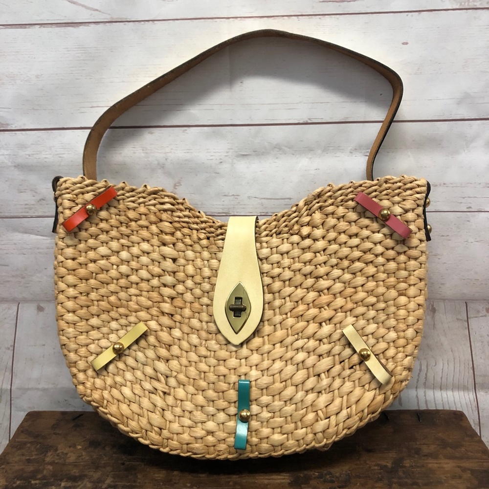 Vintage Straw and Leather Handbag Tote - Picture 4 of 10
